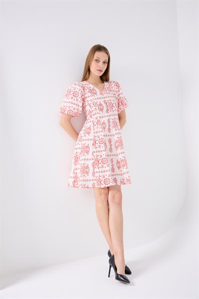 Kadın Dokuma Kumaş Balon Kol Midi Boy Yazlık Kırmızı Elbise 4500/95