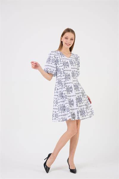 Kadın Dokuma Kumaş Balon Kol Midi Boy Yazlı Elbise 4500/95