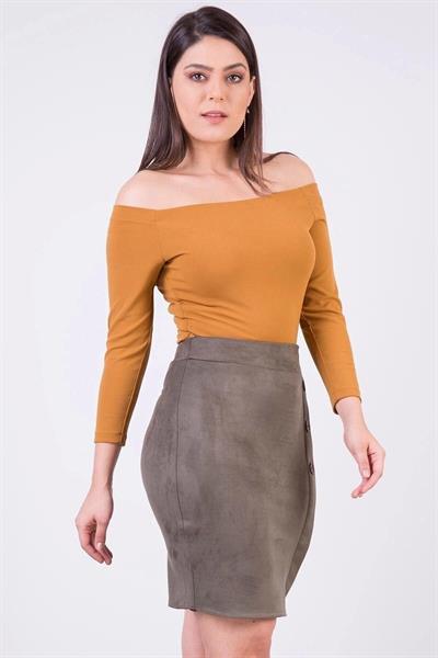 Kadın Düğme Detaylı Yandan Fermuarlı Kışlık süet Mini Etek 2114/45