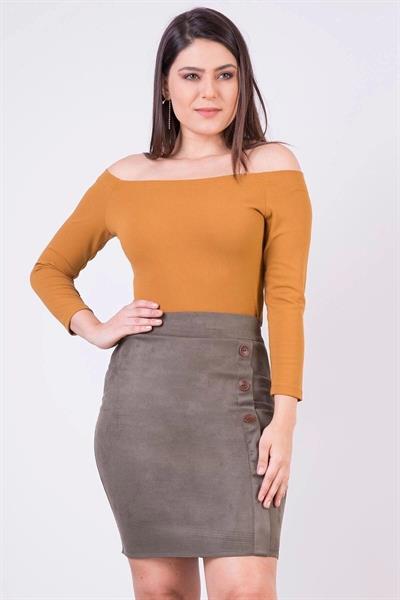 Kadın Düğme Detaylı Yandan Fermuarlı Kışlık süet Mini Etek 2114/45