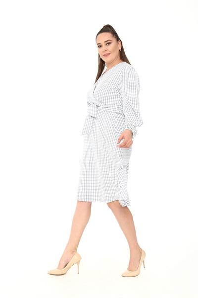 Kadın Ekose Kruvaze Yaka Detaylı Kuşak Bağlamalı Uzun Kol Midi Boy Büyük Beden Elbise 4411/110
