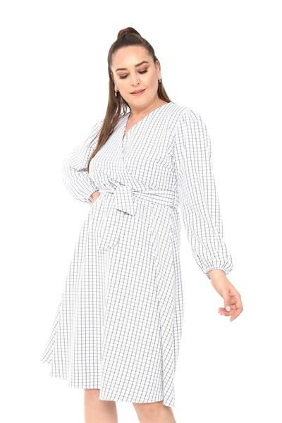 Kadın Ekose Kruvaze Yaka Detaylı Kuşak Bağlamalı Uzun Kol Midi Boy Büyük Beden Elbise 4411/110