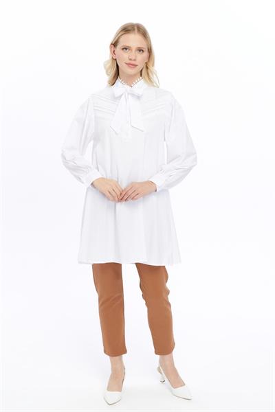 Apsen Kadın Beyaz Fular Yaka Dantel Detaylı Salaş Poplin Tunik  4063-90