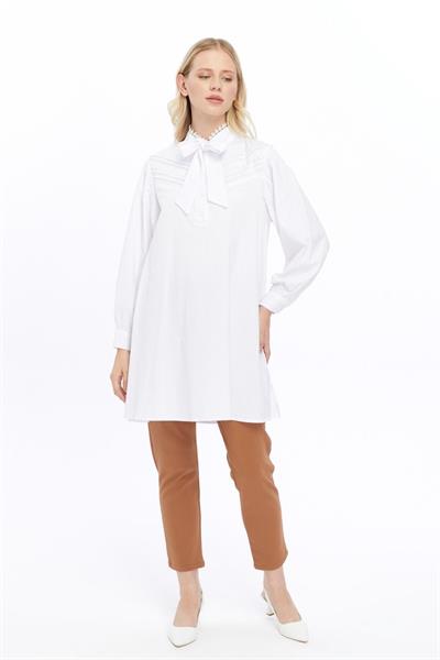 Apsen Kadın Beyaz Fular Yaka Dantel Detaylı Salaş Poplin Tunik  4063-90