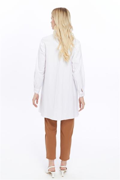 Apsen Kadın Beyaz Fular Yaka Dantel Detaylı Salaş Poplin Tunik  4063-90