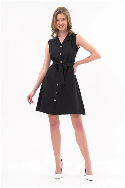 Apsen  Kadın Siyah Gömlek Yaka Düğmeli Kolsuz Yazlık Kısa Elbise 4330-95