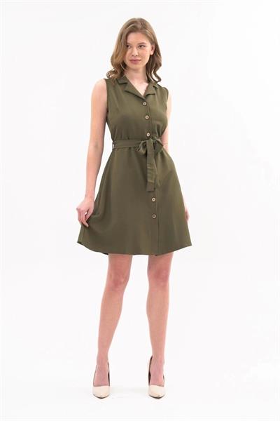 Apsen  Kadın Haki Gömlek Yaka Düğmeli Kolsuz Yazlık Kısa Elbise 4330-95