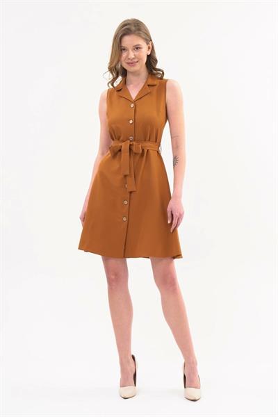 Apsen  Kadın Taba Gömlek Yaka Düğmeli Kolsuz Yazlık Kısa Elbise 4330-95
