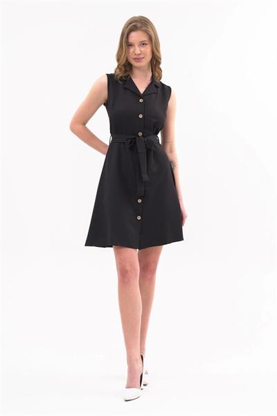 Apsen  Kadın Siyah Gömlek Yaka Düğmeli Kolsuz Yazlık Kısa Elbise 4330-95