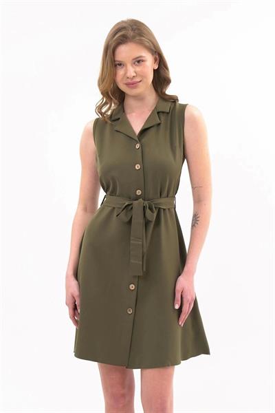 Apsen  Kadın Haki Gömlek Yaka Düğmeli Kolsuz Yazlık Kısa Elbise 4330-95