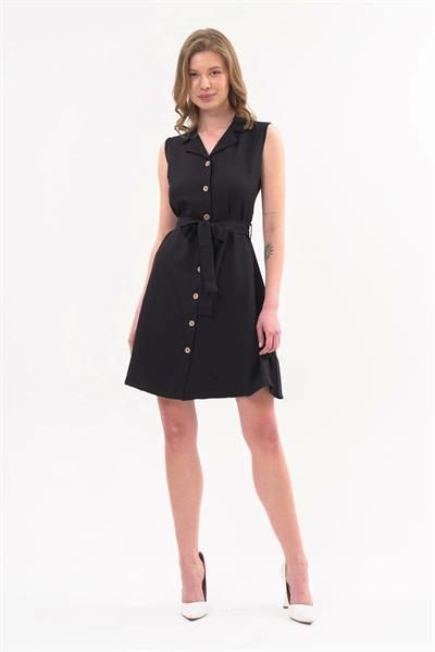 Apsen  Kadın Siyah Gömlek Yaka Düğmeli Kolsuz Yazlık Kısa Elbise 4330-95