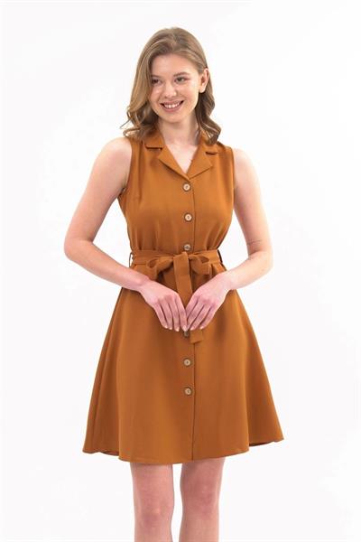 Apsen  Kadın Taba Gömlek Yaka Düğmeli Kolsuz Yazlık Kısa Elbise 4330-95