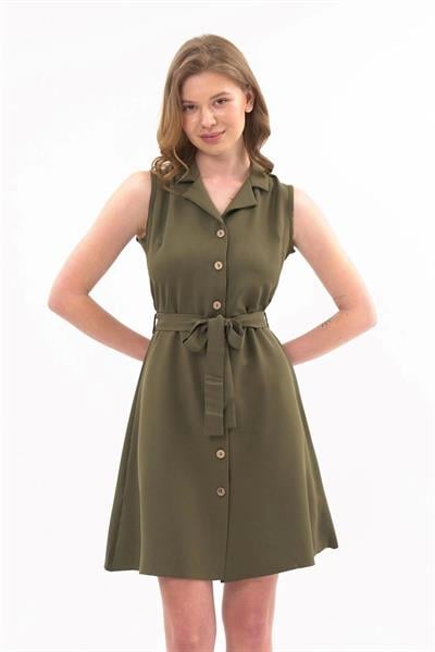 Apsen  Kadın Haki Gömlek Yaka Düğmeli Kolsuz Yazlık Kısa Elbise 4330-95