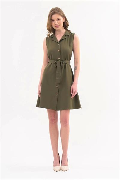Apsen  Kadın Haki Gömlek Yaka Düğmeli Kolsuz Yazlık Kısa Elbise 4330-95