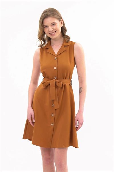 Apsen  Kadın Taba Gömlek Yaka Düğmeli Kolsuz Yazlık Kısa Elbise 4330-95