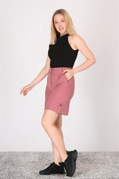 Kadın Gül Kurusu Cepli Düğme Detaylı Ekose Şort