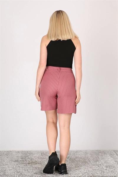 Kadın Gül Kurusu Cepli Düğme Detaylı Ekose Şort