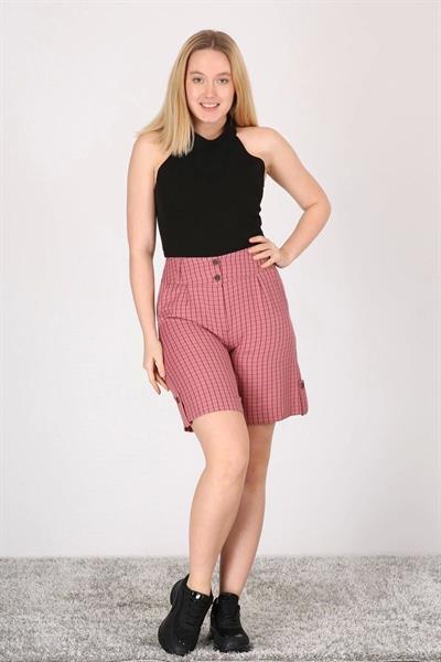 Kadın Gül Kurusu Cepli Düğme Detaylı Ekose Şort