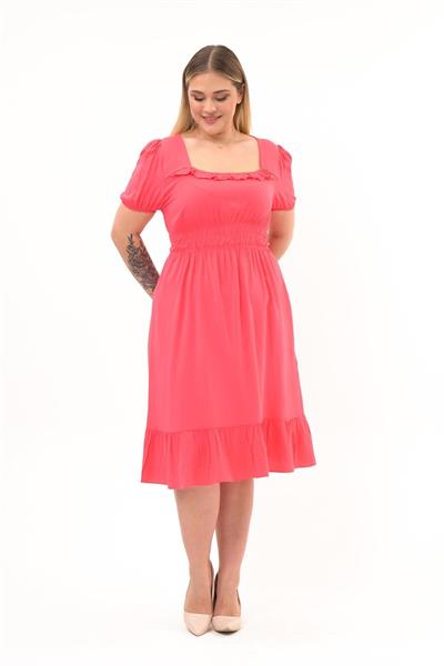 Kadın Kare Yaka Beli Gipeli Fırfır Detaylı Midi Boy Elbise 4467/110