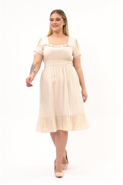 Kadın Kare Yaka Beli Gipeli Fırfır Detaylı Midi Boy Elbise 4467/110