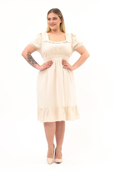 Kadın Kare Yaka Beli Gipeli Fırfır Detaylı Midi Boy Elbise 4467/110