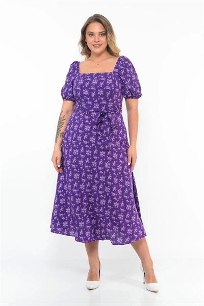 Kadın Kare Yaka Kolu Büzgü Detaylı Midi Boy Elbise 4475/120