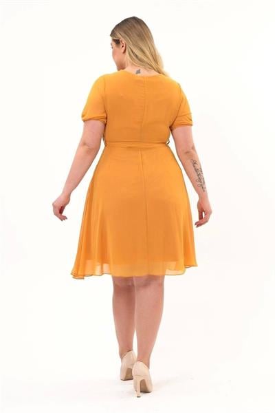 Kadın Kare Yaka Pile Detaylı Kısa Kol Midi Boy Şifon elbise 4469/105