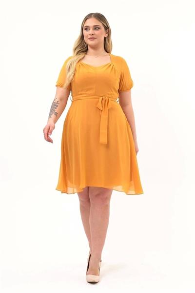 Kadın Kare Yaka Pile Detaylı Kısa Kol Midi Boy Şifon elbise 4469/105