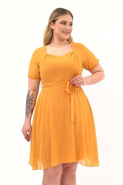 Kadın Kare Yaka Pile Detaylı Kısa Kol Midi Boy Şifon elbise 4469/105