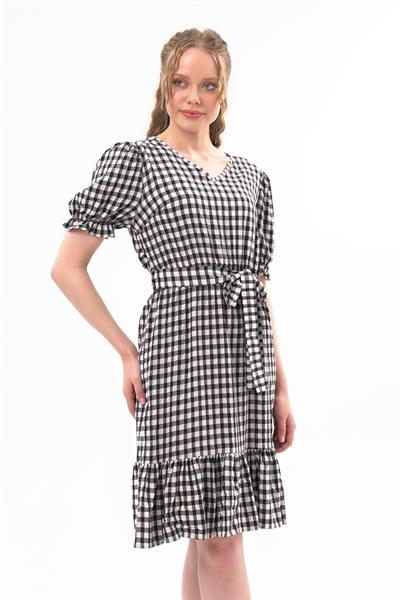 Kadın Kareli Büzgü detaylı Yazlık midi Elbise 4430/105