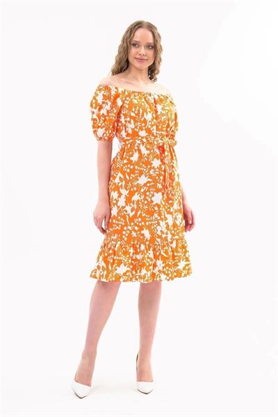 Kadın Kayık Yaka Büzgülü Volan Detaylı Midi Yazlık Elbise 4473/105