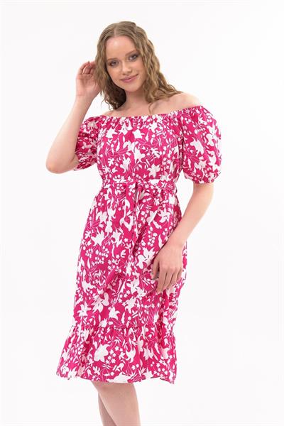 Kadın Kayık Yaka Büzgülü Volan Detaylı Midi Yazlık Elbise 4473/105