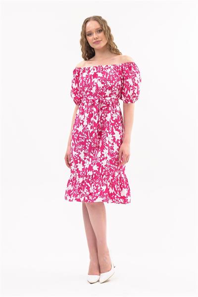 Kadın Kayık Yaka Büzgülü Volan Detaylı Midi Yazlık Elbise 4473/105