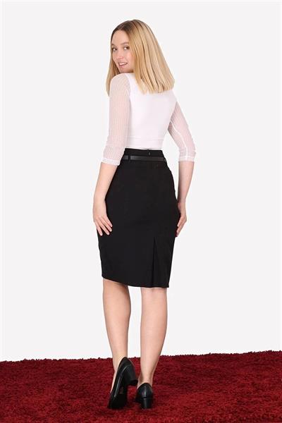 Apsen Kadın 1984-63 Siyah kemer Detaylı Dört Mevsimlik Midi Boy Ofis Etek 