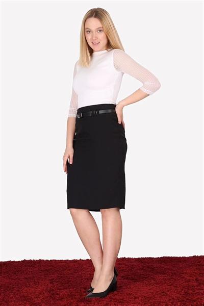 Apsen Kadın 1984-63 Siyah kemer Detaylı Dört Mevsimlik Midi Boy Ofis Etek 