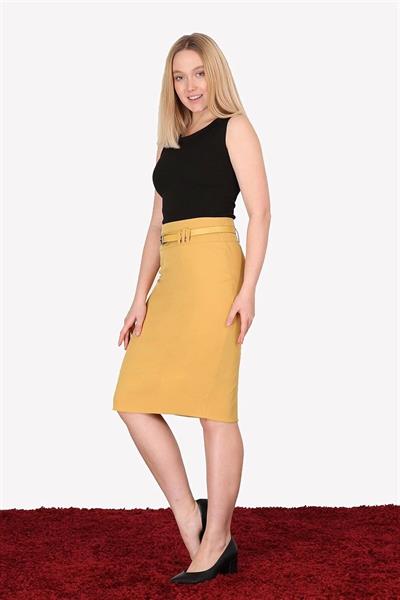 Apsen Kadın 1984-63 Hardal kemer Detaylı Dört Mevsimlik Midi Boy Ofis Etek 