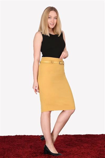 Apsen Kadın 1984-63 Hardal kemer Detaylı Dört Mevsimlik Midi Boy Ofis Etek 