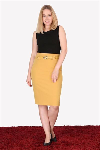 Apsen Kadın 1984-63 Hardal kemer Detaylı Dört Mevsimlik Midi Boy Ofis Etek 