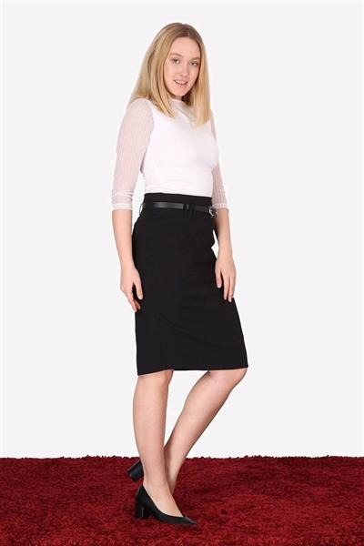 Apsen Kadın 1984-63 Siyah kemer Detaylı Dört Mevsimlik Midi Boy Ofis Etek 