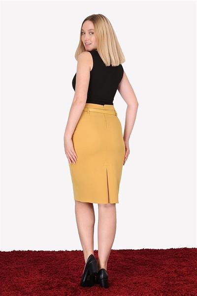 Apsen Kadın 1984-63 Hardal kemer Detaylı Dört Mevsimlik Midi Boy Ofis Etek 