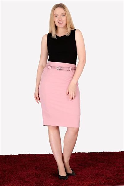 Apsen Kadın 1984-63 Pudra kemer Detaylı Dört Mevsimlik Midi Boy Ofis Etek 