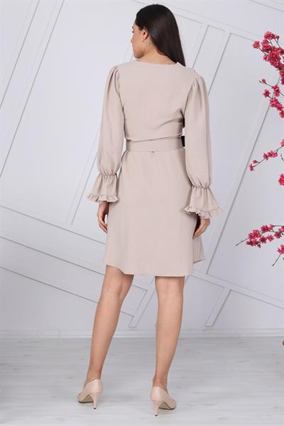 Apsen Kadın Bej Kemer Detaylı Volan Kol Midi Elbise 4078-100