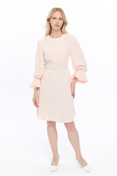 Apsen Kadın Pudra Kemer Detaylı Volan Kol Midi Elbise 4078-100