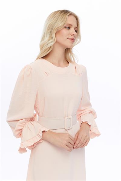 Apsen Kadın Pudra Kemer Detaylı Volan Kol Midi Elbise 4078-100