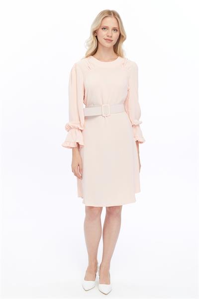 Apsen Kadın Pudra Kemer Detaylı Volan Kol Midi Elbise 4078-100