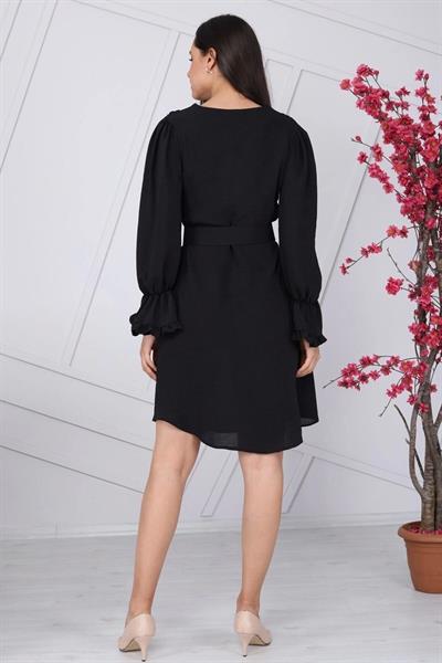 Apsen Kadın Siyah Kemer Detaylı Volan Kol Midi Elbise 4078-100