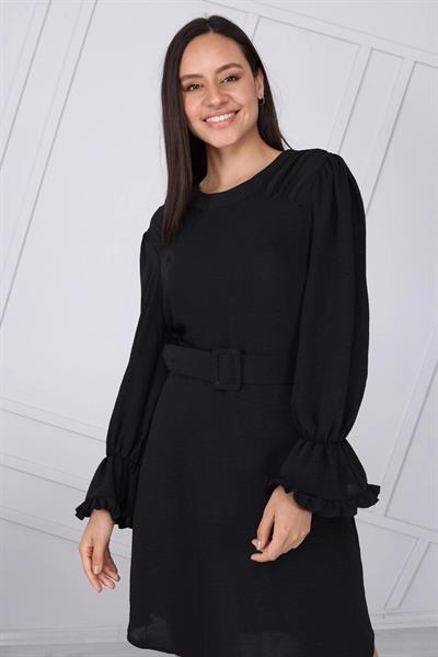 Apsen Kadın Siyah Kemer Detaylı Volan Kol Midi Elbise 4078-100