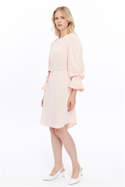 Apsen Kadın Pudra Kemer Detaylı Volan Kol Midi Elbise 4078-100