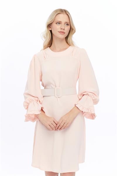 Apsen Kadın Pudra Kemer Detaylı Volan Kol Midi Elbise 4078-100