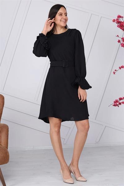 Apsen Kadın Siyah Kemer Detaylı Volan Kol Midi Elbise 4078-100